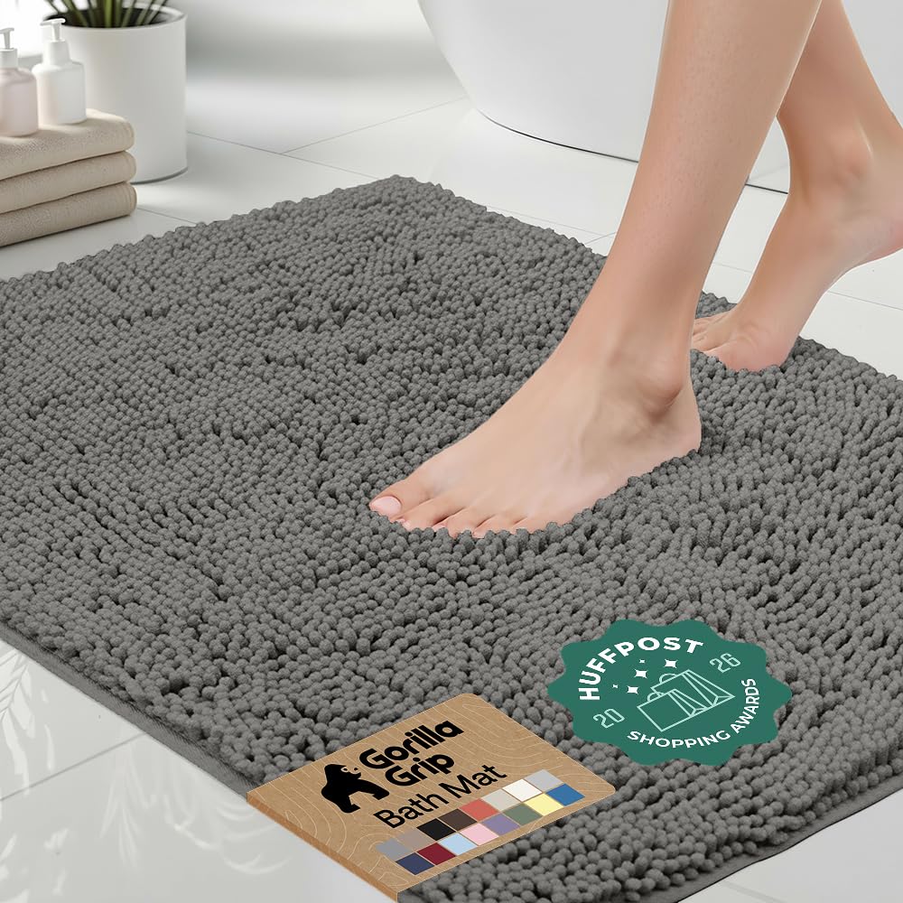 GORILLA GRIP Bath Rug Mat for Bathroom, Absorbent Chenille, 30x20 Gray