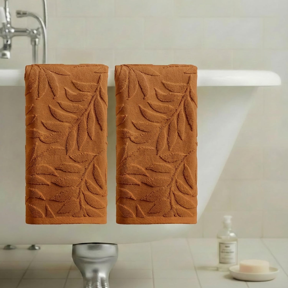 Artoid Mode 2 Pcs Caramel 3D Leaves Jacquard Hand Towels for Bathroom, 100% Cotton Soft Absorbent Bathroom Decor Towels, 13.7 x 29.5 Inch