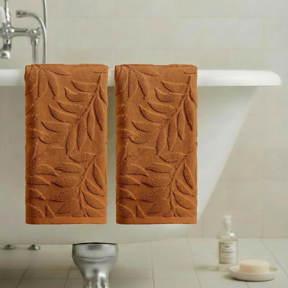 Artoid Mode 2 Pcs Caramel 3D Leaves Jacquard Hand Towels for Bathroom, 100% Cotton Soft Absorbent Bathroom Decor Towels, 13.7 x 29.5 Inch