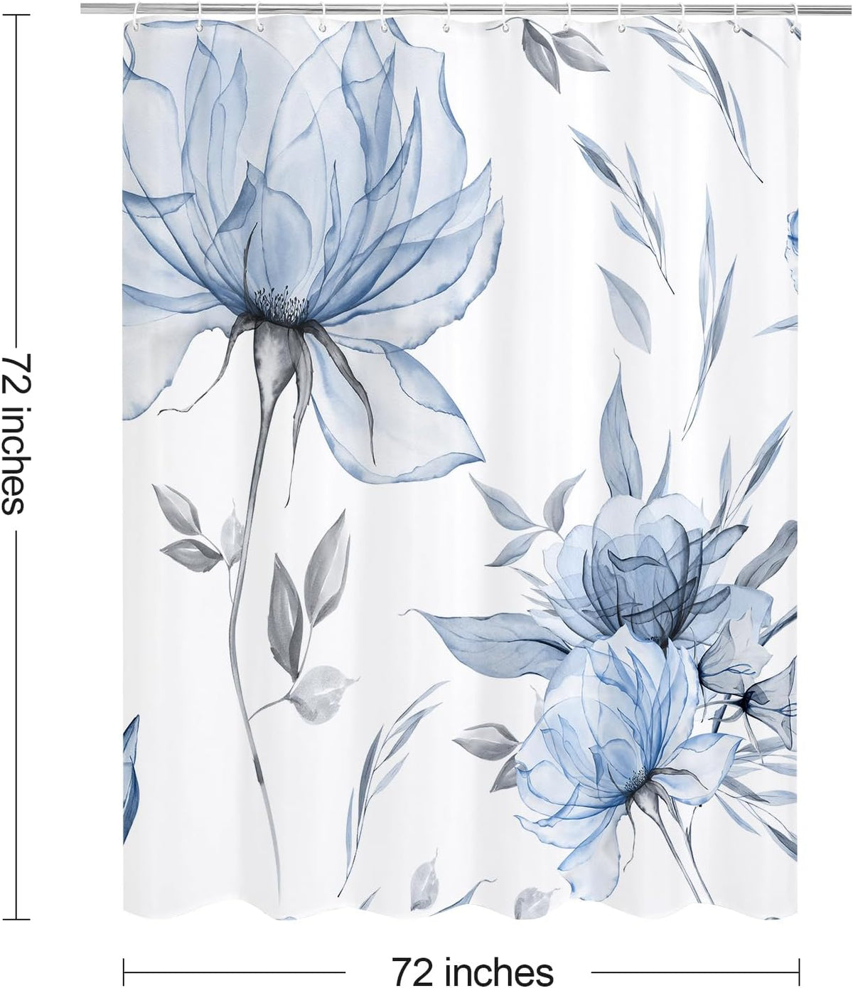 Blue Boho Floral Shower Curtain, Watercolor Botanical Design, 72 x 72