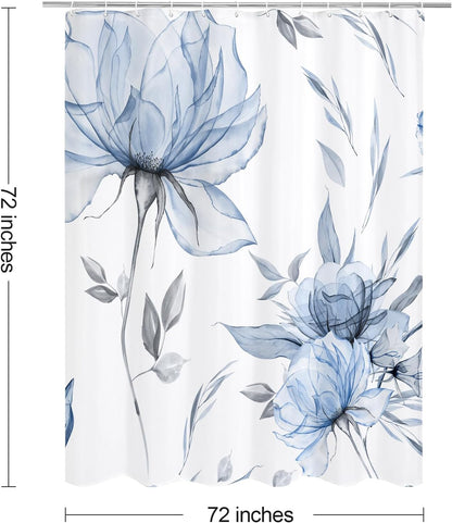 Blue Boho Floral Shower Curtain, Watercolor Botanical Design, 72 x 72