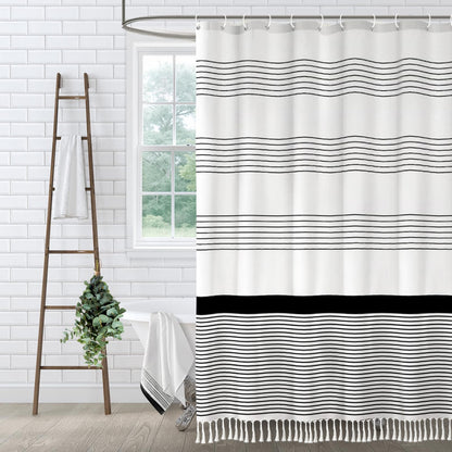 Sage Green Boho Cotton Striped Shower Curtain with Tassel 72"W X 72"L