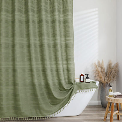 OVZME Sage Green Shower Curtain for Bathroom, Boho Linen Textured Shower Curtain with Tassel, Rustic Striped Heavy Duty Vintage Country Bathroom Curtain, 72Wx72L Inches