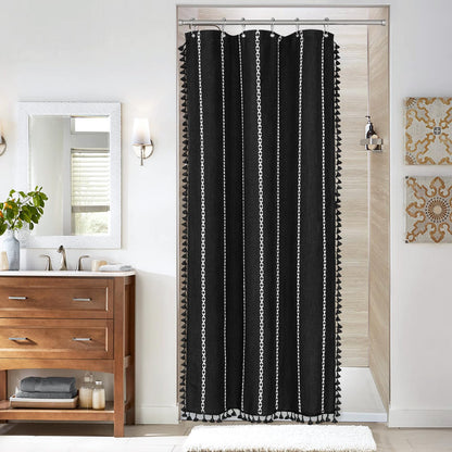 Boho Farmhouse Tassel Linen Shower Curtain,3D Embroidery Stripe Black,72x72