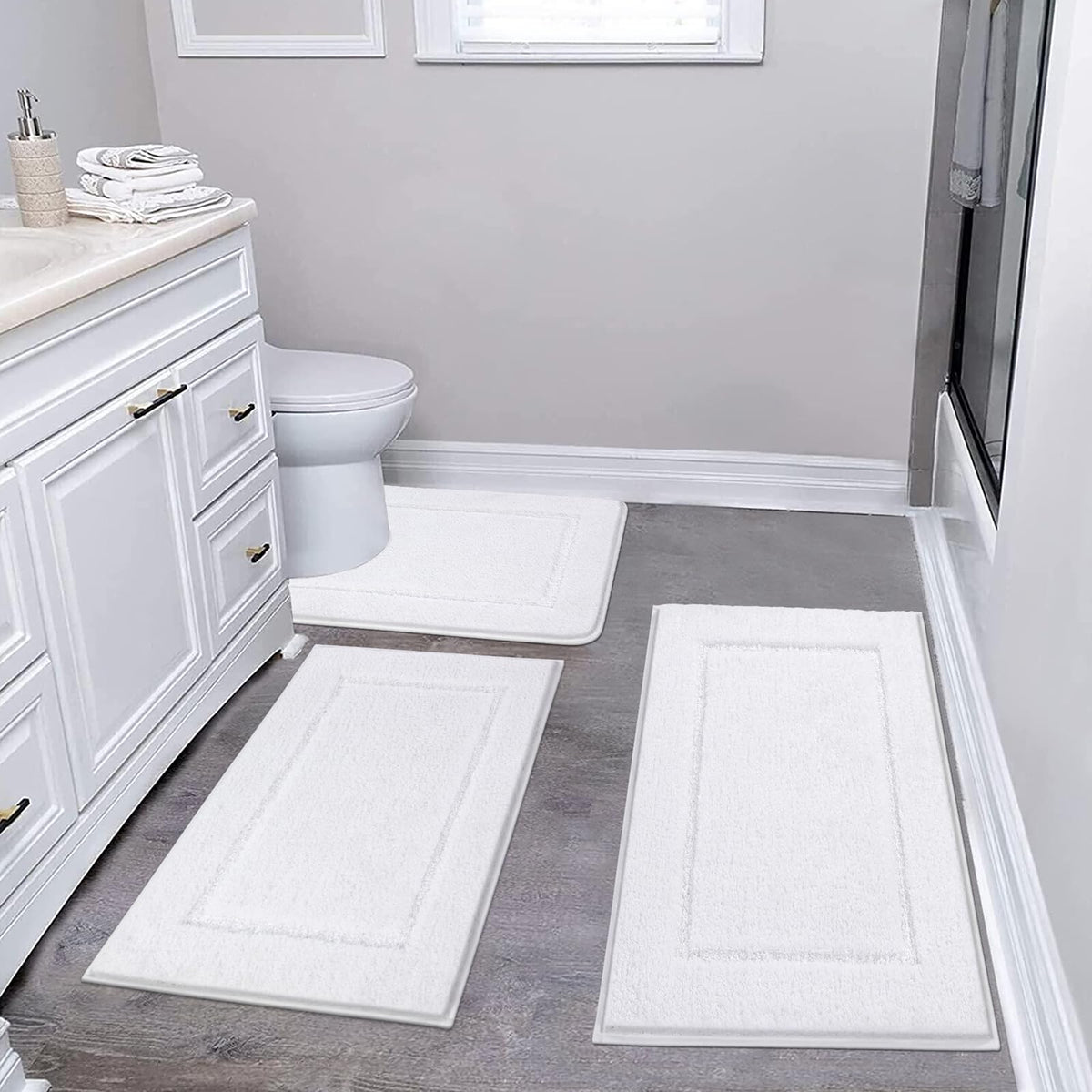 Pauwer Bathroom Rugs 3 Piece Set, Non Slip Washable Bath Mat, Dark Grey