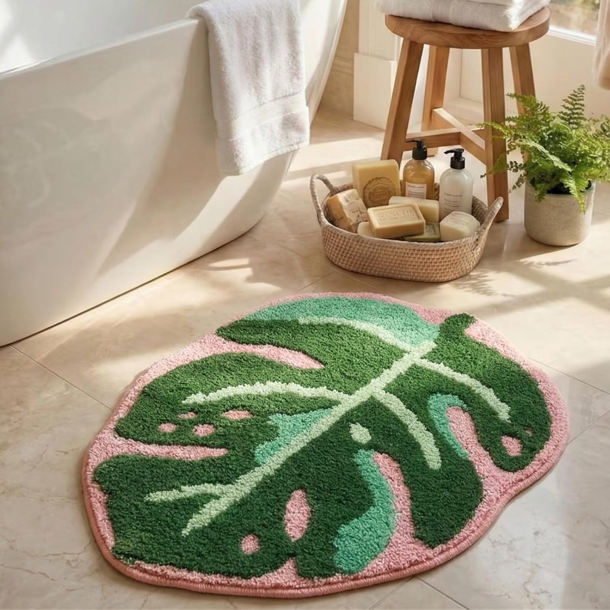 Large Monstera Bath Mat 31.5"X25",Cute Leaf Bathroom Rug,Non Slip Bath Mat