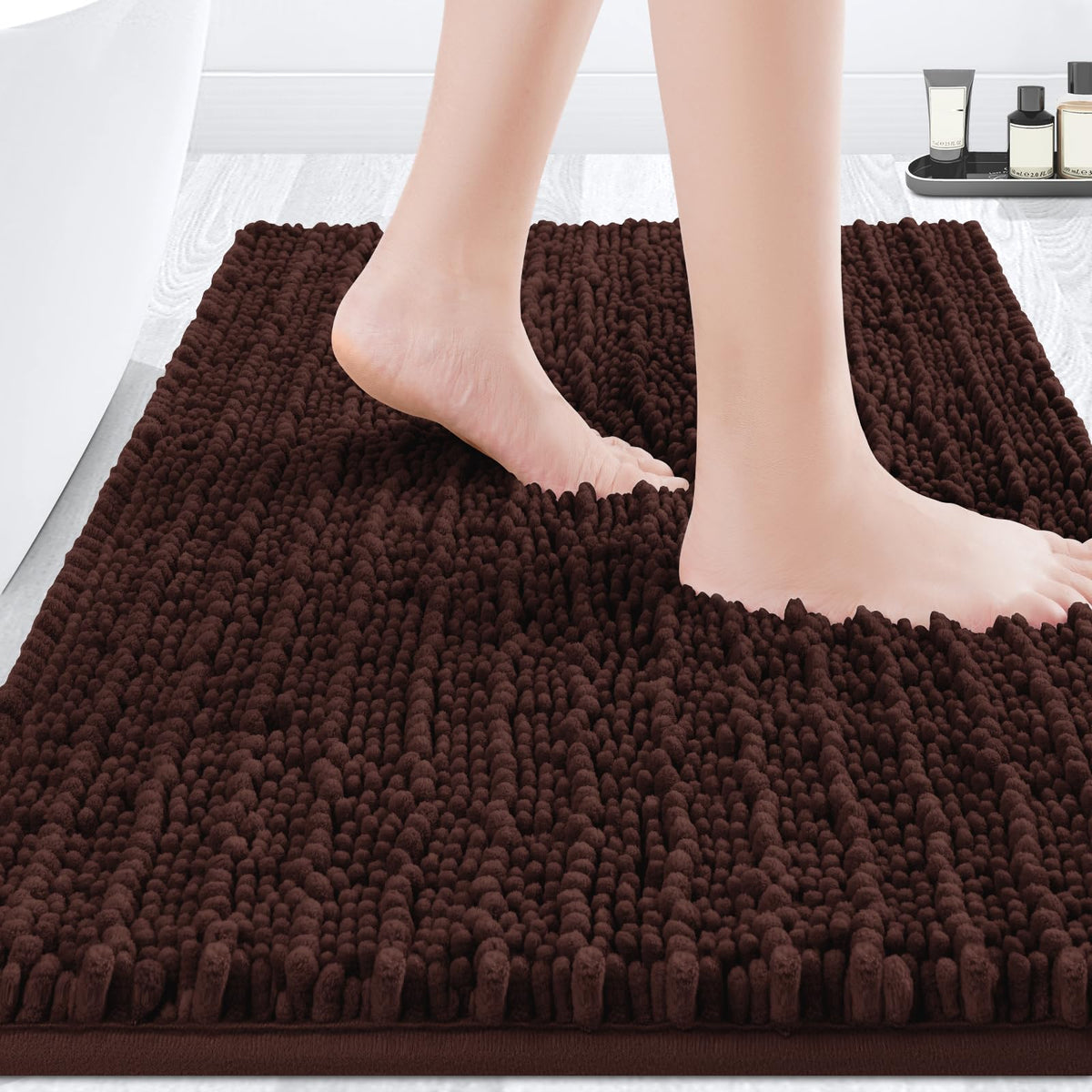 ACCUMTEK Upgrade Extra Large Black Bathroom Rug Set 3 Pieces Ultra Soft, Thick Absorbent Bath Mats, Non Slip Chenille Toilet Mat for Bathroom, Bedroom, Kitchen