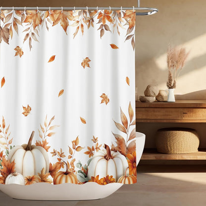 MEHOFOND Fall Pumpkins Maple Leaf Shower Curtain, Autumn Leaves Harvest Thanksgiving Farmhouse Watercolor Seasonal Bathroom Curtain Sets, Waterproof Fabric Bathroom Decor 72 X 72 Inch
