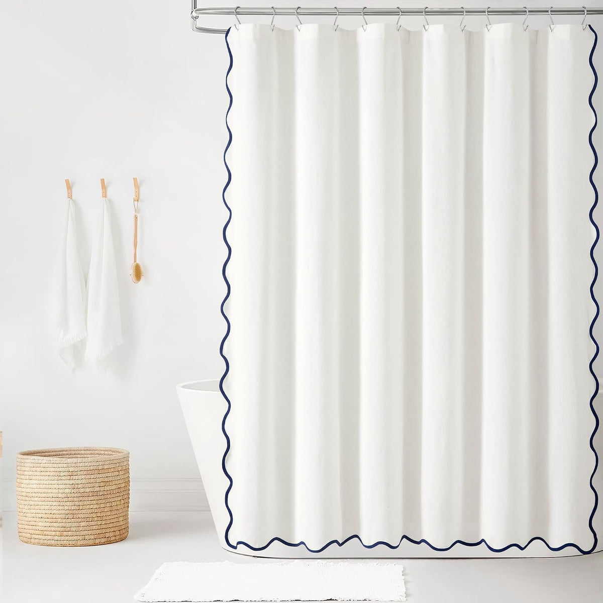 Lush Decor Coastal Chic Scallop Edge Linen-Textured Shower Curtain, Single 72" W x 72" L, Navy & White - Scalloped Shower Curtains - Coastal Bathroom Curtain