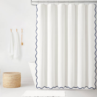 Lush Decor Coastal Chic Scallop Edge Linen-Textured Shower Curtain, Single 72" W x 72" L, Navy & White - Scalloped Shower Curtains - Coastal Bathroom Curtain