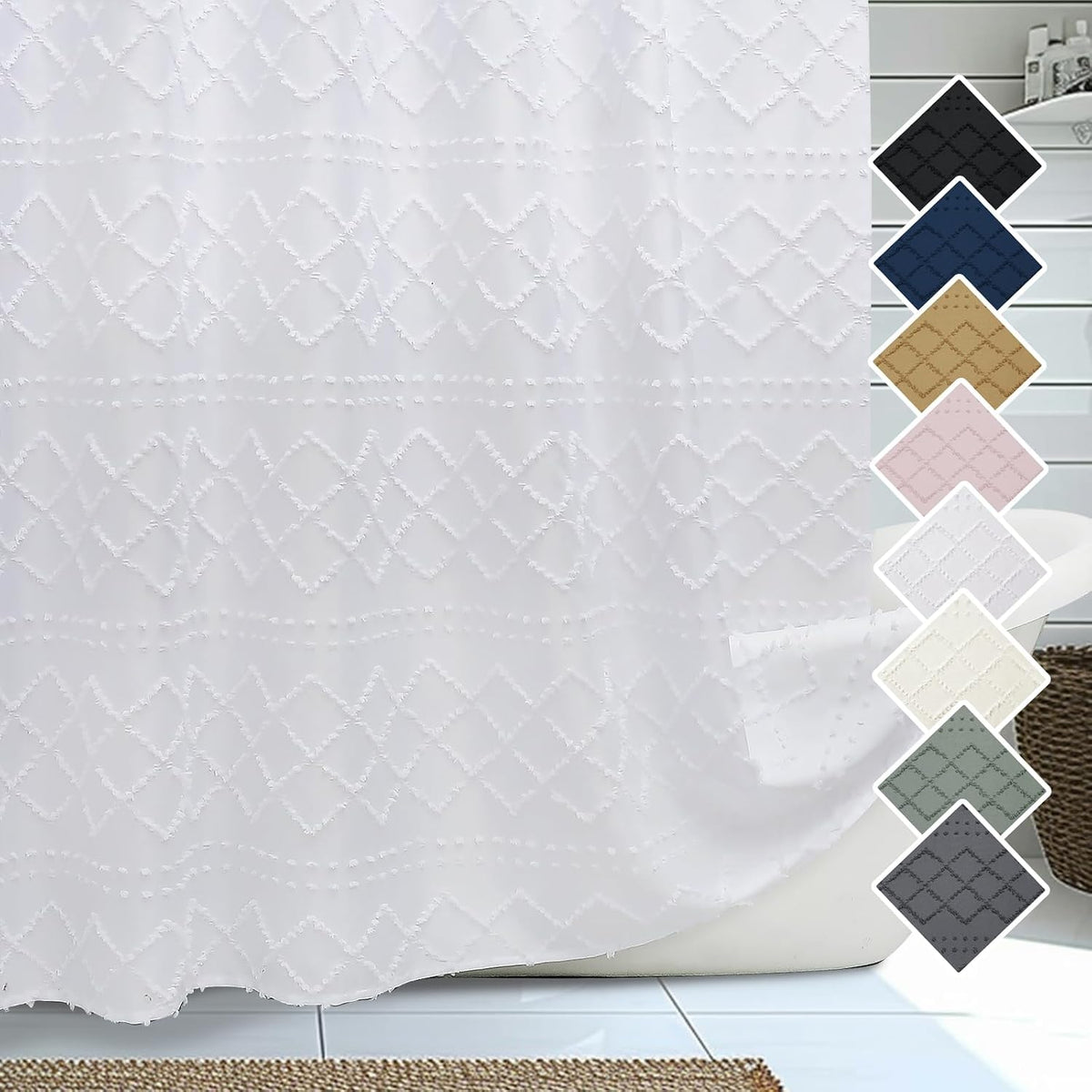 Lecloud White Fabric Shower Curtain 72x72 Inches, Boho Tufted Plaid Striped Shower Curtain Set for Bathroom, Chic Textured Cloth Shower Curtain