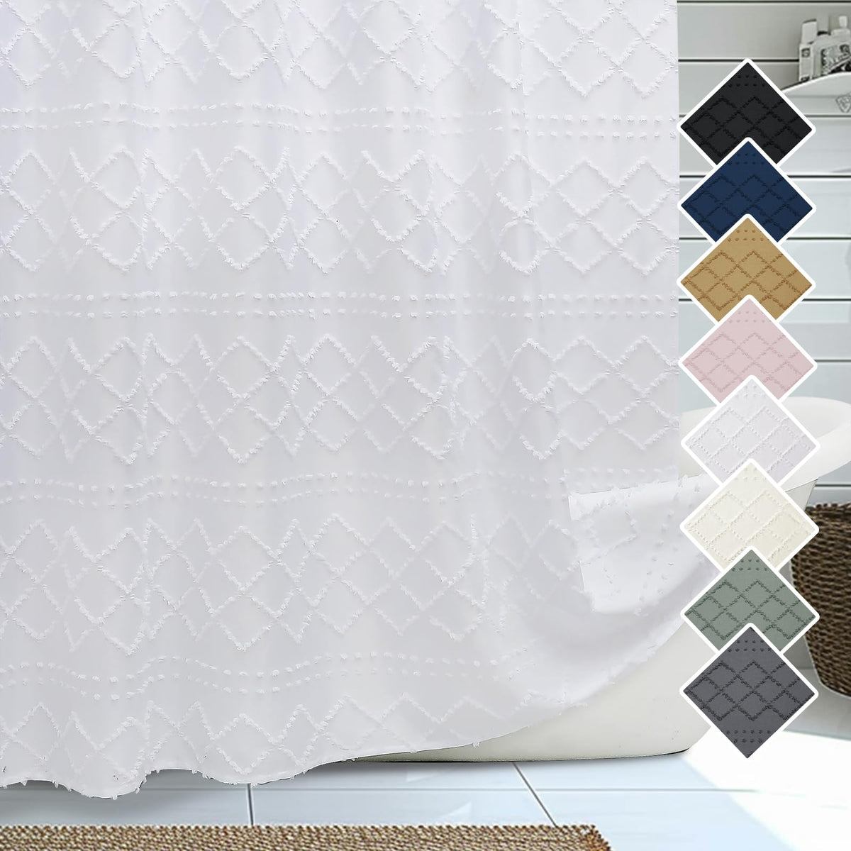 Lecloud White Fabric Shower Curtain 72x72 Inches, Boho Tufted Plaid Striped Shower Curtain Set for Bathroom, Chic Textured Cloth Shower Curtain