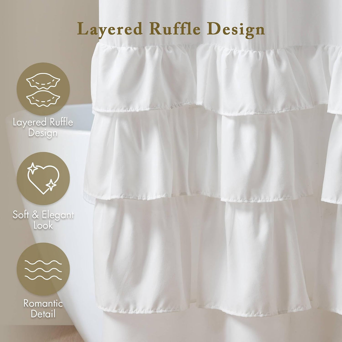 Madison Park Grace Extra Long Ruffle Shower Curtain, 72"x 84", White