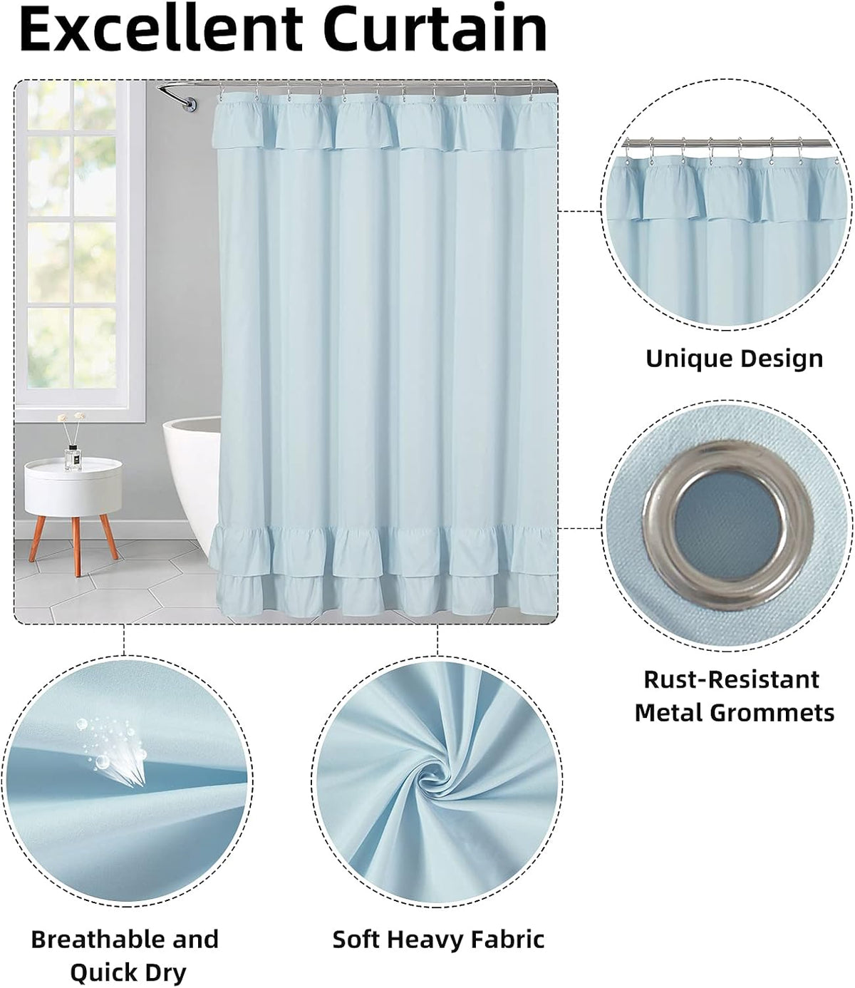 Light Blue Ruffle Shower Curtain Farmhouse Fabric Cloth Shower Curtains for Bathroom 72x72 Inches,Standard Size