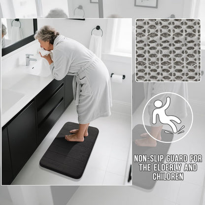 Yimobra Memory Foam Bathroom Rugs Sets 2 Piece - Super Soft Absorbent Quick Dry Bath Mat Set, Machine Washable Non Slip Floor Carpet for Tub Shower & Single Sink (17x24 & 31.5x20 Inch, Black)
