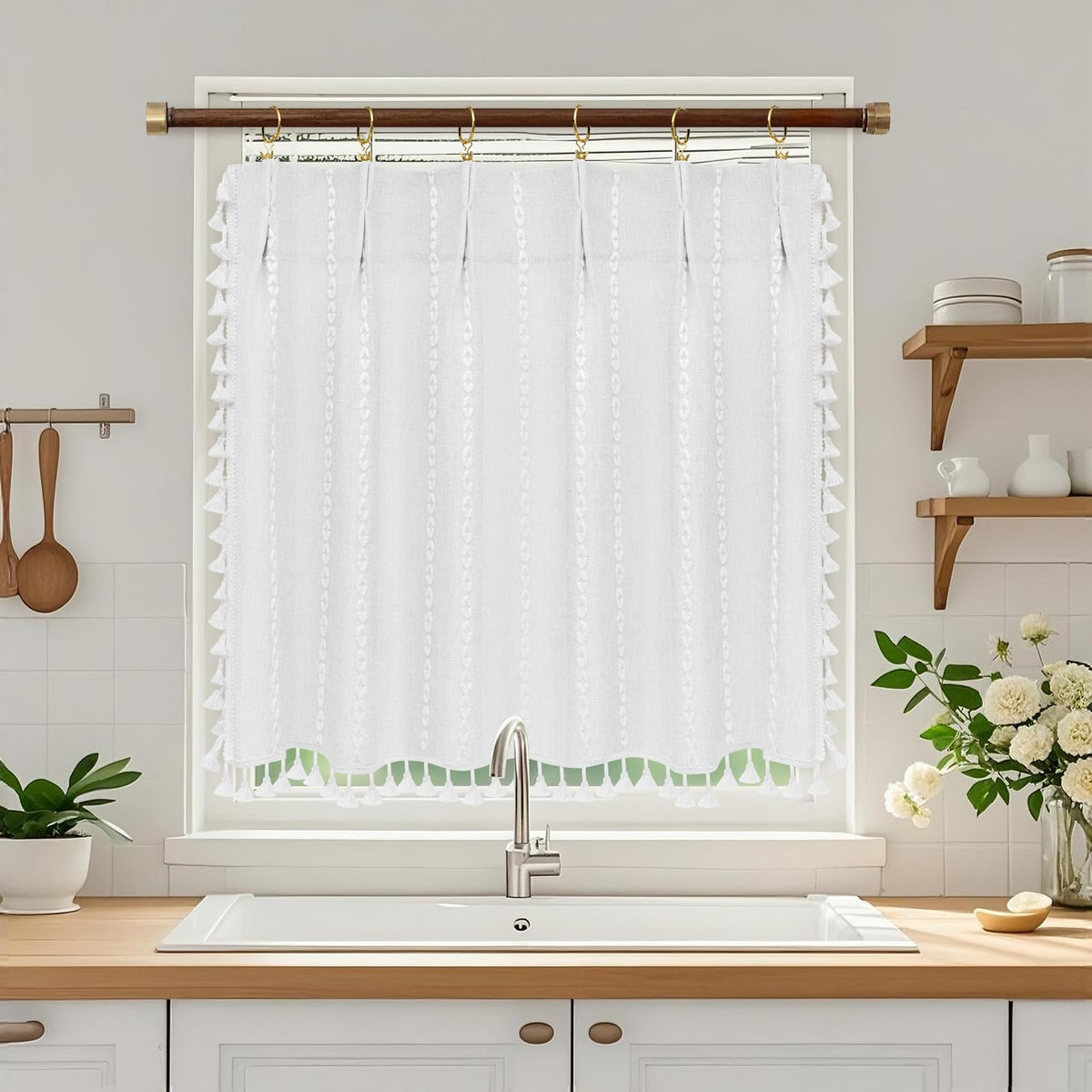 Seenus Boho Farmhouse Linen Shower Curtain with Tassels, Tan Brown Heavyweight Soft Fabric Shower Curtain Striped, 72 x 72 Inch Taupe Water Repellent Rustic Country Bathroom Curtain Wrinkle-Free