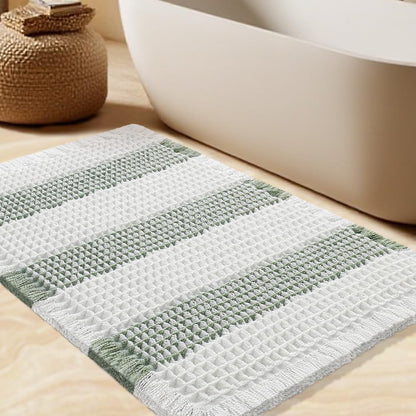 Upgrade Waffle Bath Mat Set 2 Piece, Boho Bathroom Rugs Absorbent Non Slip, Ultra Soft Bathroom Mat, Machine Washable Knit Bath Rugs with Herringbones for Bathroom, Bedroom, Kitchen, Shower, White