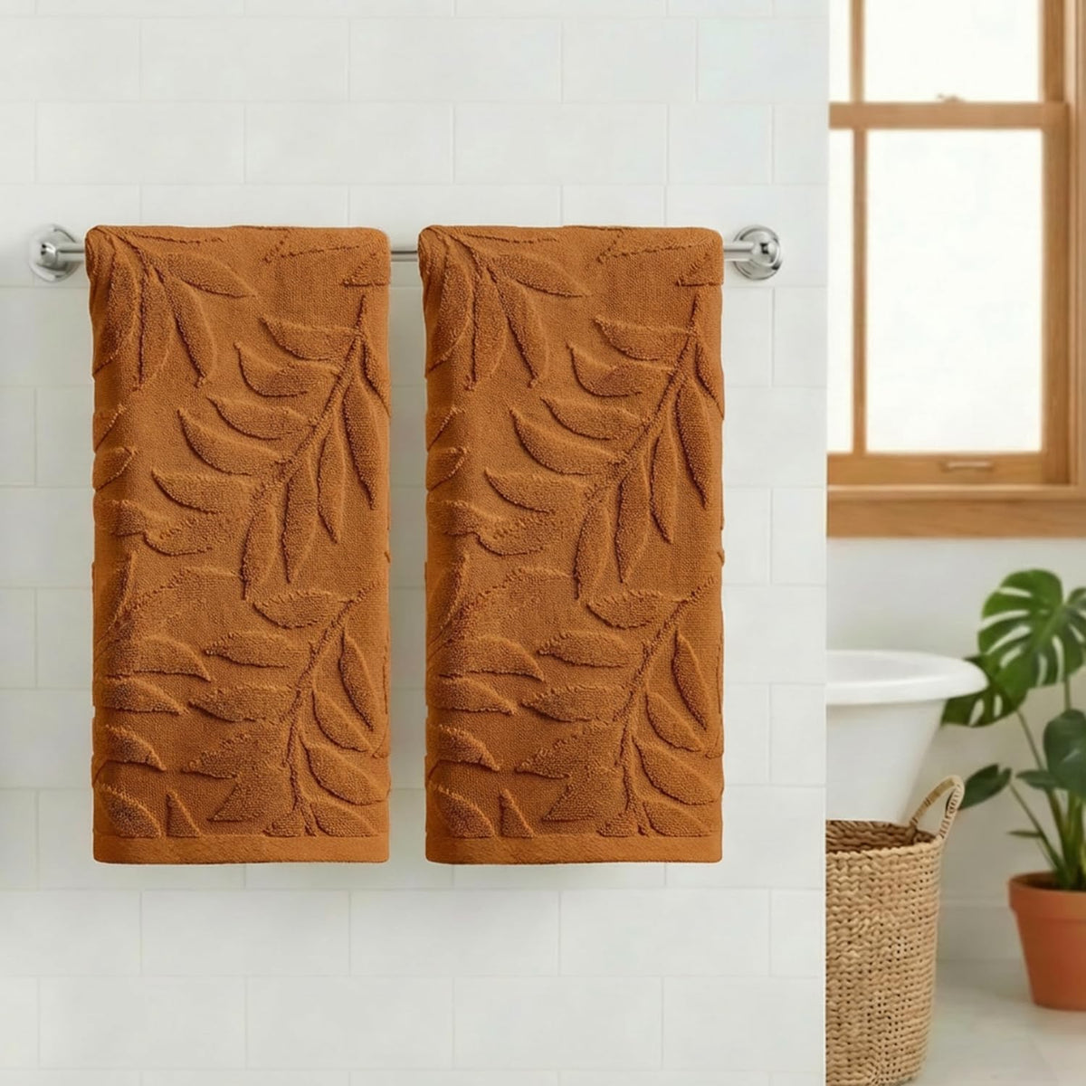 Artoid Mode 2 Pcs Caramel 3D Leaves Jacquard Hand Towels for Bathroom, 100% Cotton Soft Absorbent Bathroom Decor Towels, 13.7 x 29.5 Inch
