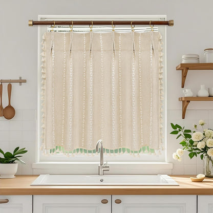 Seenus Boho Farmhouse Linen Shower Curtain with Tassels, Tan Brown Heavyweight Soft Fabric Shower Curtain Striped, 72 x 72 Inch Taupe Water Repellent Rustic Country Bathroom Curtain Wrinkle-Free