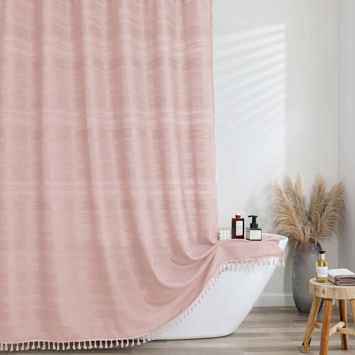 OVZME Sage Green Shower Curtain for Bathroom, Boho Linen Textured Shower Curtain with Tassel, Rustic Striped Heavy Duty Vintage Country Bathroom Curtain, 72Wx72L Inches