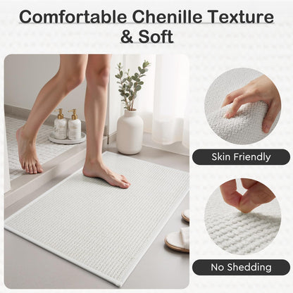 MontVoo Bath Mat,Chenille Absorbent Bathroom Mat Quick Dry Rubber Backed Bathroom Rugs Non Slip Washable Bath Mats,Ultra Thin Bathroom Rugs Fit Under Door,17"x24",White