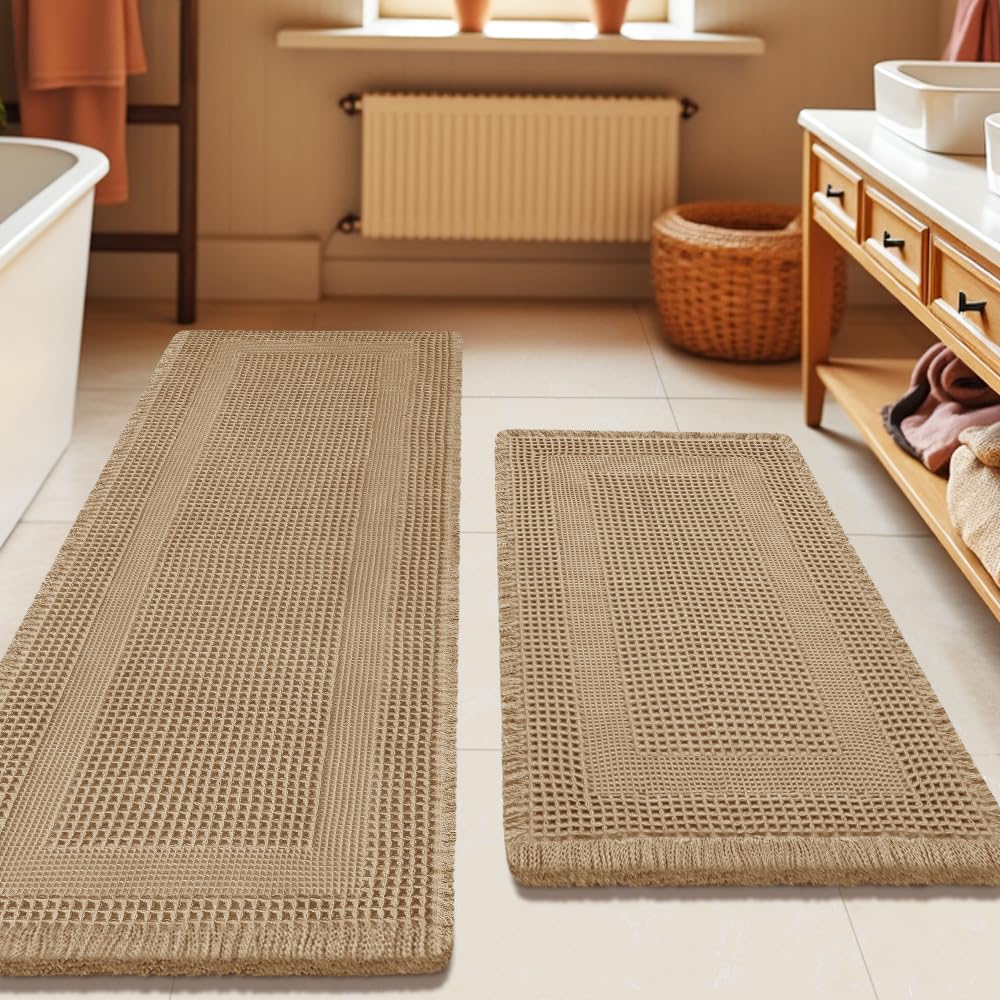 Upgrade Waffle Bath Mat Set 2 Piece, Boho Bathroom Rugs Absorbent Non Slip, Ultra Soft Bathroom Mat, Machine Washable Knit Bath Rugs with Herringbones for Bathroom, Bedroom, Kitchen, Shower, White