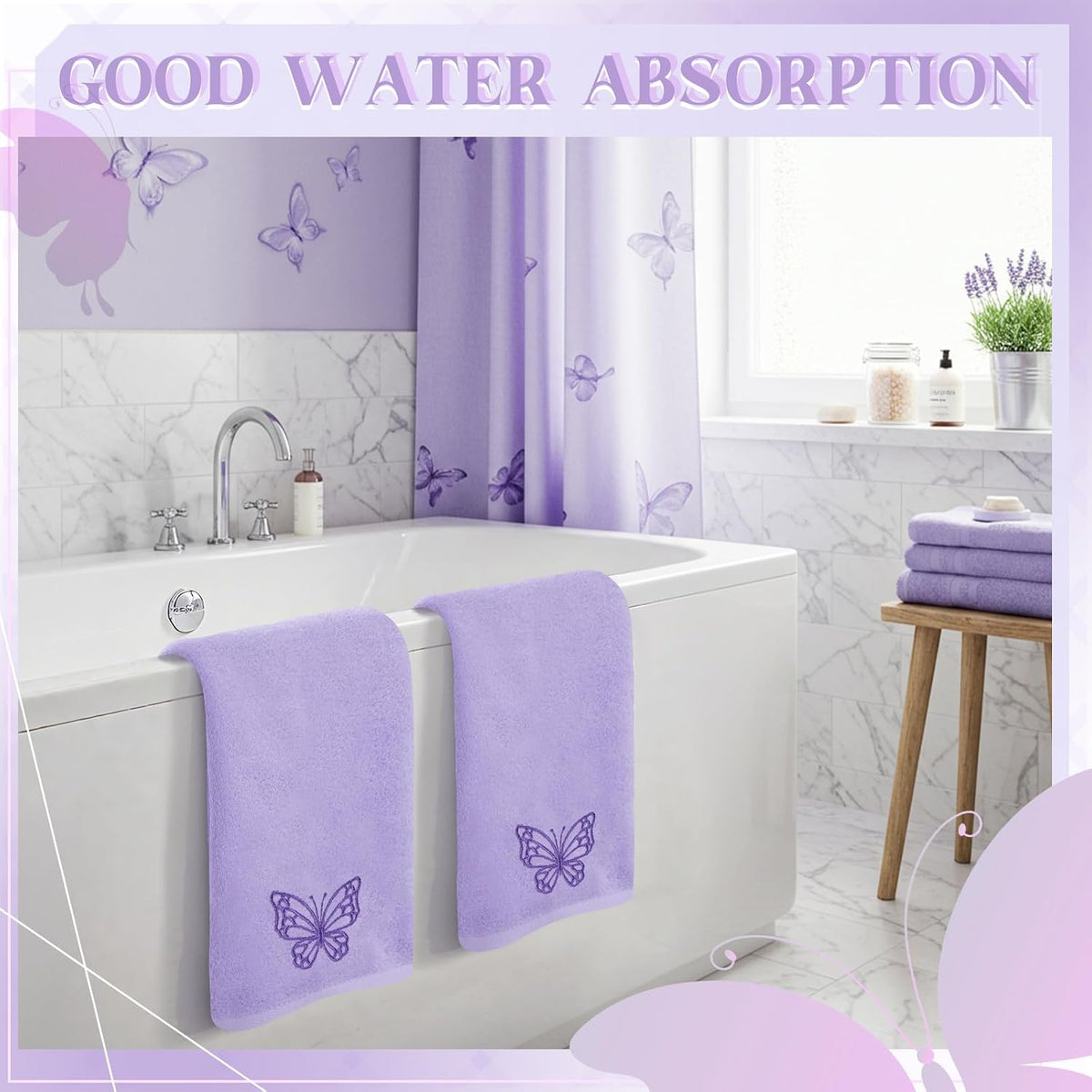 SmoothNovelty 2 Pcs Butterfly Hand Towels Purple Bathroom Decor 14x29 Inch