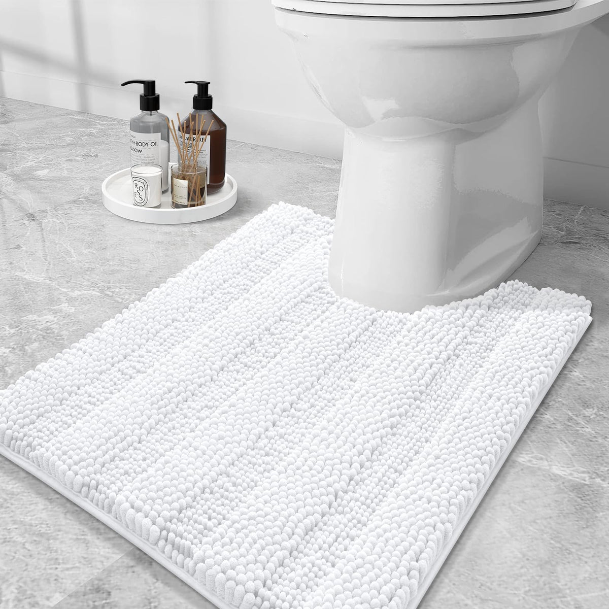 Grandaily Chenille Striped Bathroom Rugs 36x24, Extra Thick and Absorbent Bath Mats, Non-Slip Soft Plush Shaggy Shower Carpet, Machine Wash Dry, Bath Rug for Bathroom, (Large, Light Grey)