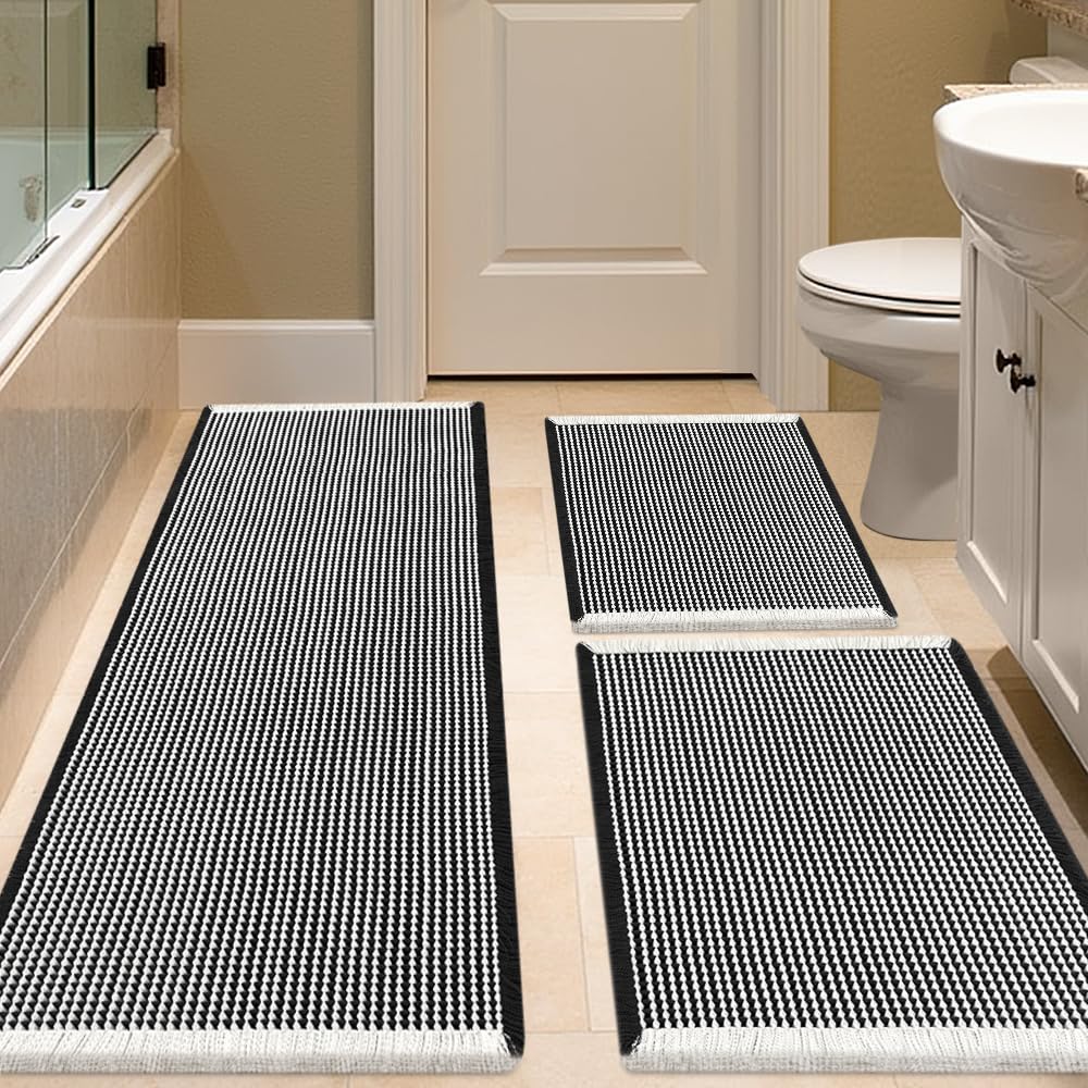 IM HOME Waffle Bath Mat Beige 32"x20", Boho Woven Modern Bath Mat Rugs, Absorbent Non Slip Bathroom Rugs, Soft Washable Bath Rugs with Tassels for Bathroom, Bedroom, Kitchen, Shower, Tub