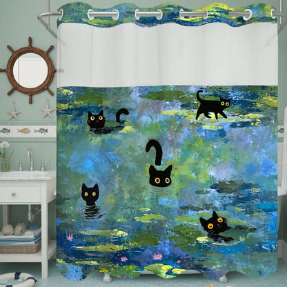 Accnicc Cute Cat Shower Curtain Funny Fun Cool Cats Monet Shower Curtains for Bathroom Water Lilies Waterproof Fabric Bath Curtain Decor 72 X 72 Inch