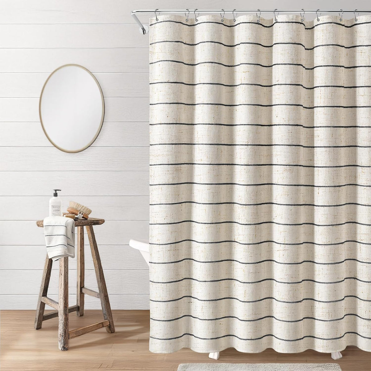 Striped Linen Shower Curtain for Bathroom, Black and Beige 72 W x 72 H