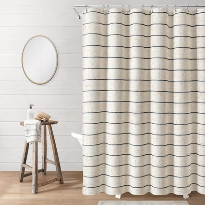 Striped Linen Shower Curtain for Bathroom, Black and Beige 72 W x 72 H