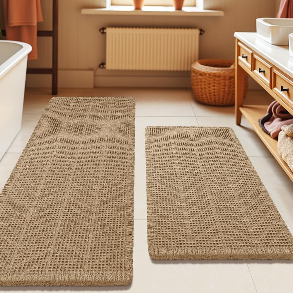 Upgrade Waffle Bath Mat Set 2 Piece, Boho Bathroom Rugs Absorbent Non Slip, Ultra Soft Bathroom Mat, Machine Washable Knit Bath Rugs with Herringbones for Bathroom, Bedroom, Kitchen, Shower, White