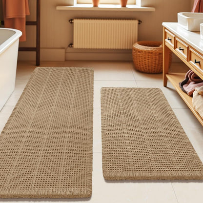 Upgrade Waffle Bath Mat Set 2 Piece, Boho Bathroom Rugs Absorbent Non Slip, Ultra Soft Bathroom Mat, Machine Washable Knit Bath Rugs with Herringbones for Bathroom, Bedroom, Kitchen, Shower, White