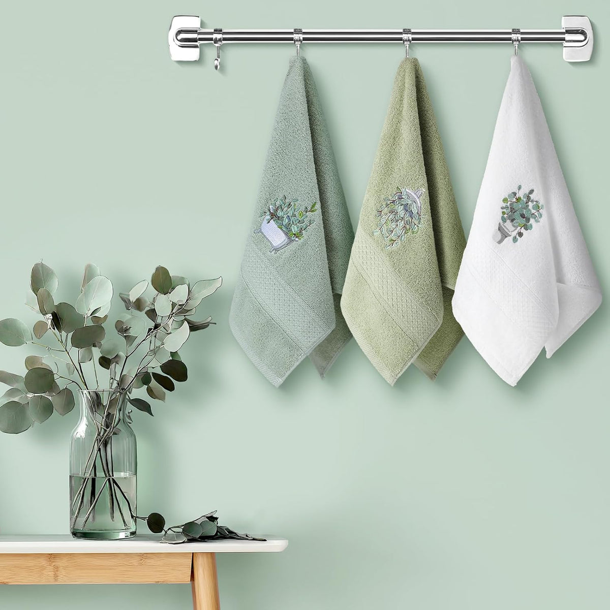 FuWeave 3 Pcs Eucalyptus Leaves Hand Towels for Bathroom Kitchen Decor