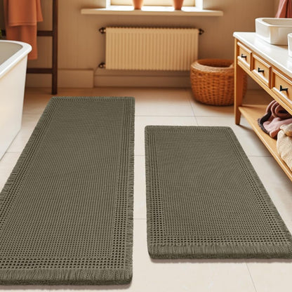 Upgrade Waffle Bath Mat Set 2 Piece, Boho Bathroom Rugs Absorbent Non Slip, Ultra Soft Bathroom Mat, Machine Washable Knit Bath Rugs with Herringbones for Bathroom, Bedroom, Kitchen, Shower, White