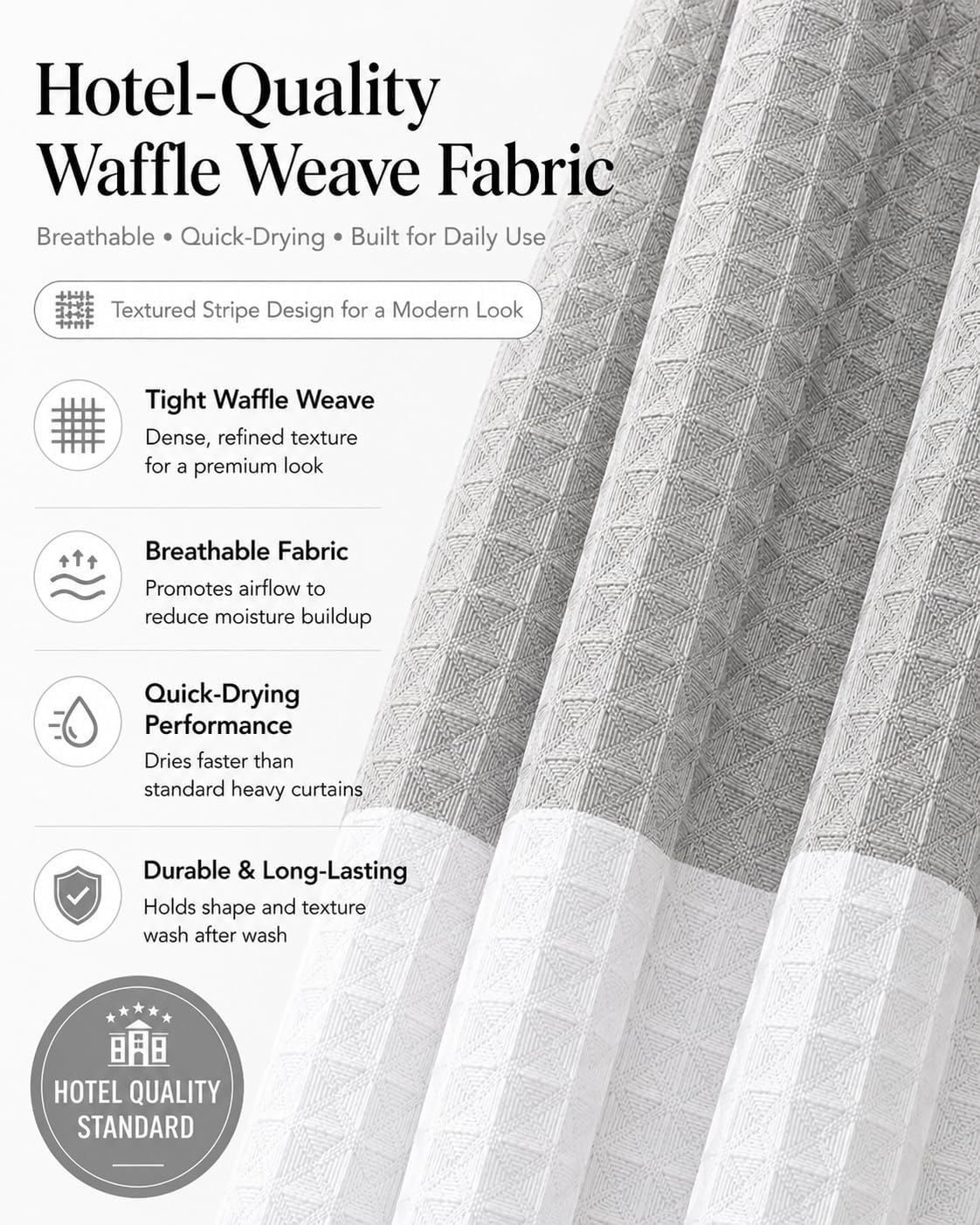 Dainty Home Ombre Waffle Weave Shower Curtain 70 x 72 Grey Textured Fabric Shower Curtain, Hotel Style Waffle Weave Bathroom Curtain, Water Resistant Polyester Ombre Shower Curtain