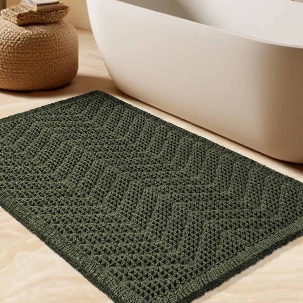 Upgrade Waffle Bath Mat Set 2 Piece, Boho Bathroom Rugs Absorbent Non Slip, Ultra Soft Bathroom Mat, Machine Washable Knit Bath Rugs with Herringbones for Bathroom, Bedroom, Kitchen, Shower, White