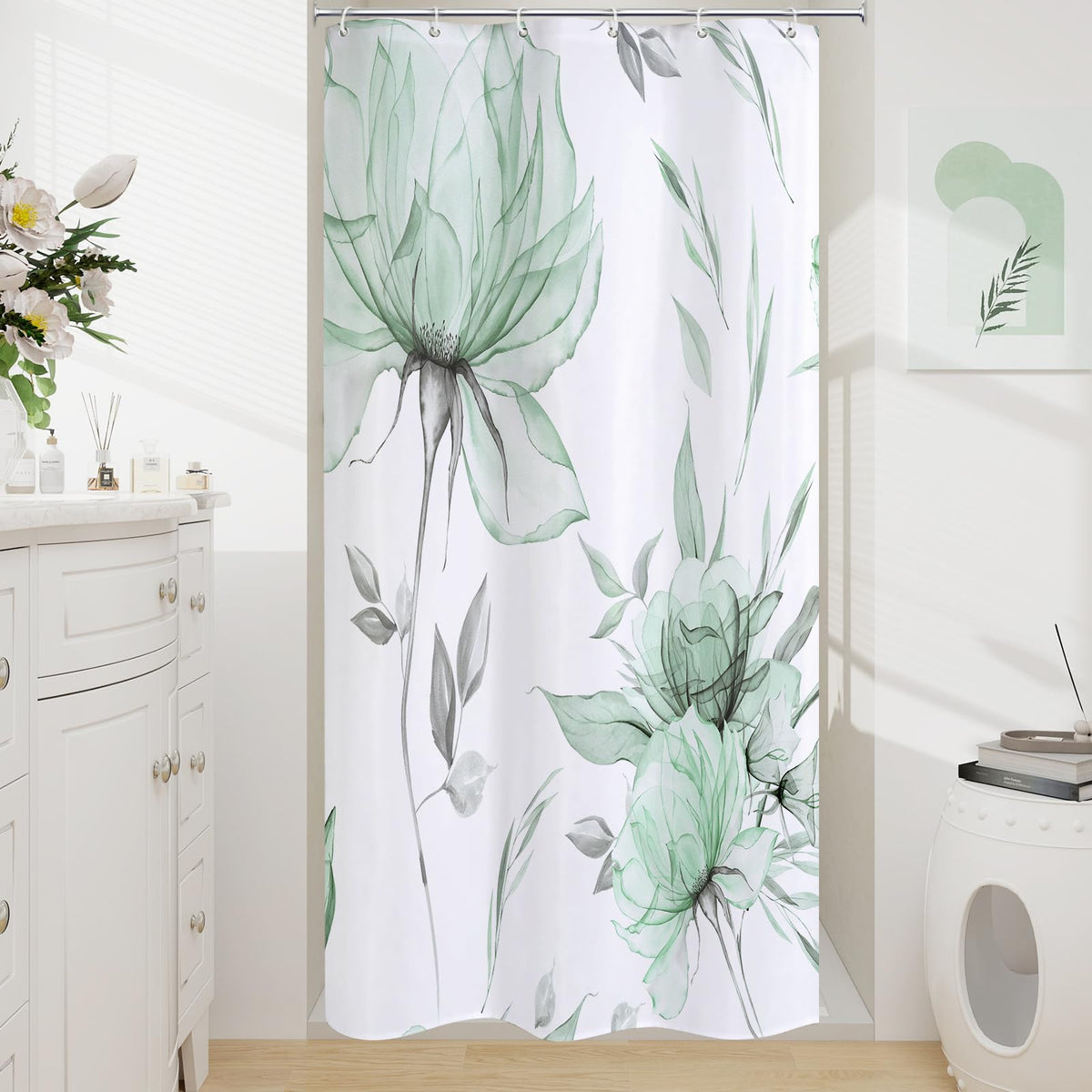 Blue Boho Floral Shower Curtain, Watercolor Botanical Design, 72 x 72