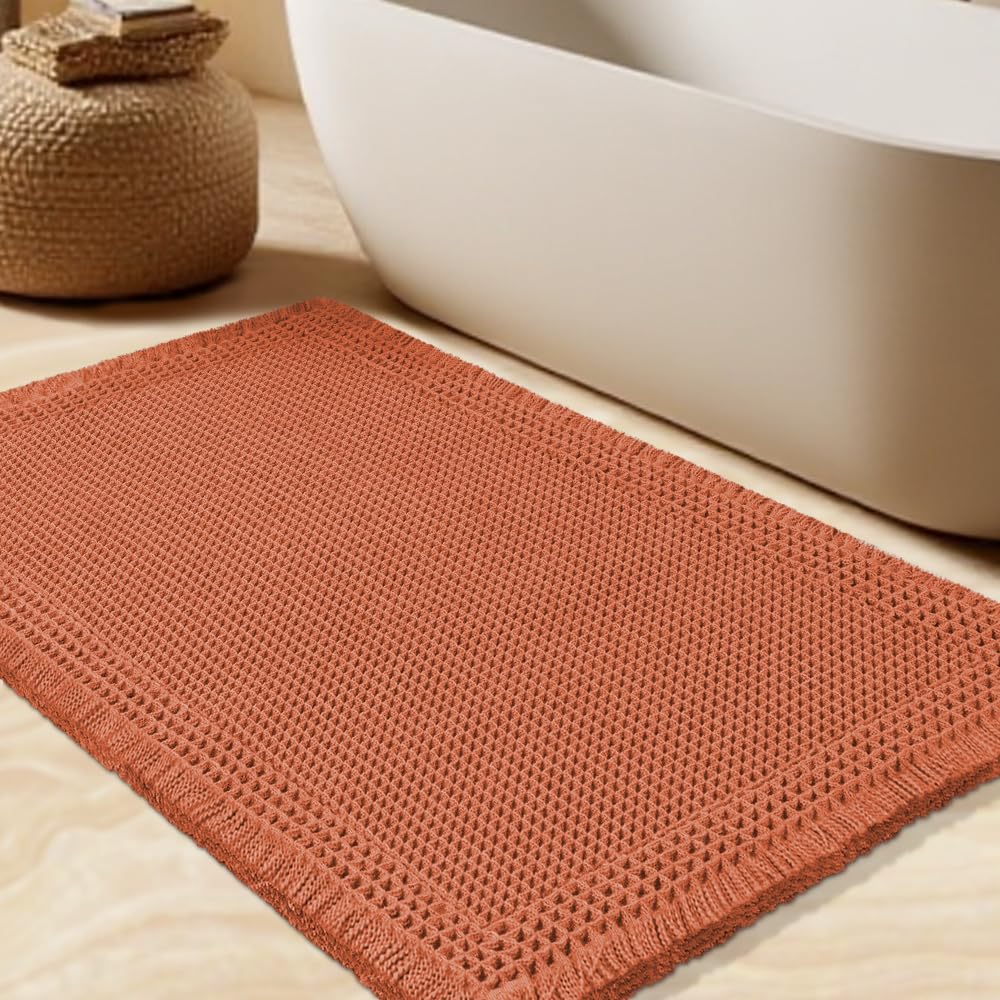 Upgrade Waffle Bath Mat Set 2 Piece, Boho Bathroom Rugs Absorbent Non Slip, Ultra Soft Bathroom Mat, Machine Washable Knit Bath Rugs with Herringbones for Bathroom, Bedroom, Kitchen, Shower, White