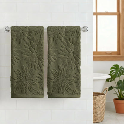 Artoid Mode 2 Pcs Olive Green 3D Dahlia Floral Jacquard Hand Towels for Bathroom, Cotton Soft Absorbent Bathroom Decor Towels, 13.7 x 29.5 Inch