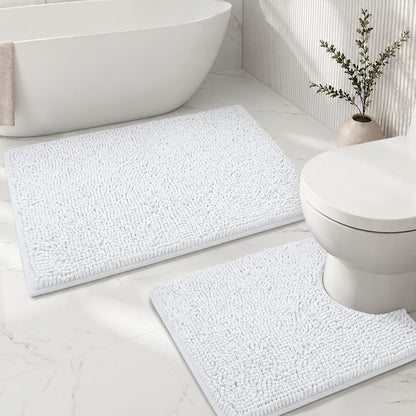 Bathroom Rugs Sets 2 Piece,Super Absorbent Soft,Thick,Machine Washable Chenille Bath Mat,Non Slip Toilet Floor Rug,Bath Mats for Bathroom,20x32 Plus 20x20 U Shape,Light Grey