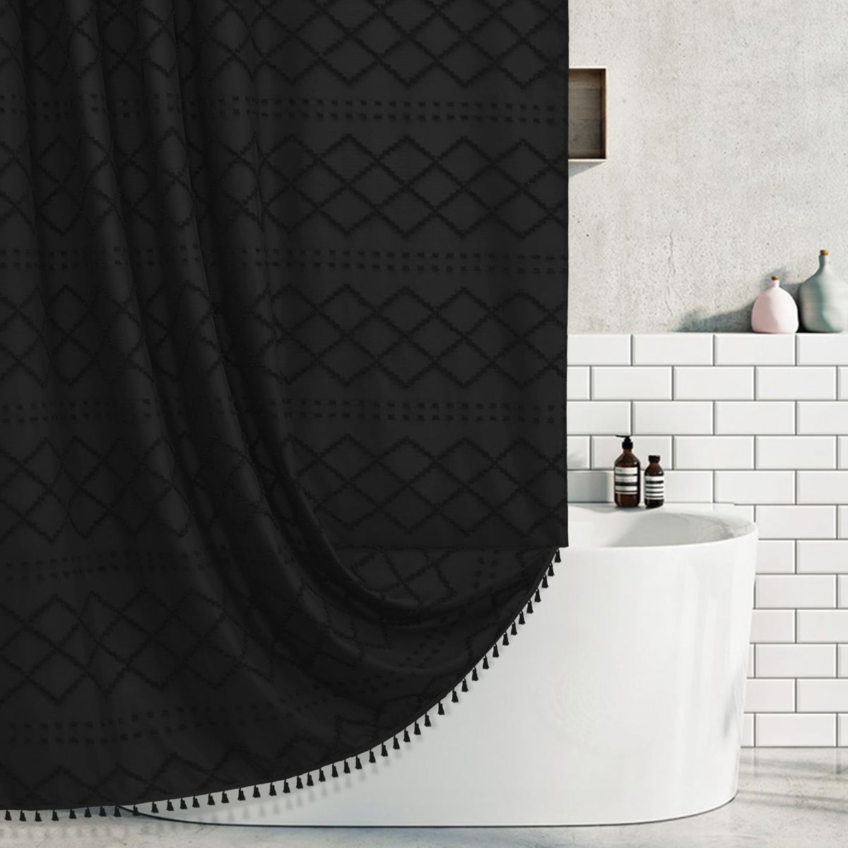 Siiluminisoy Navy Blue Shower Curtain Boho Shower Curtains Fabric, Tufted Chevron Textured Striped Modern Minimalist Cloth Shower Curtain for Bathroom, 72 x 72