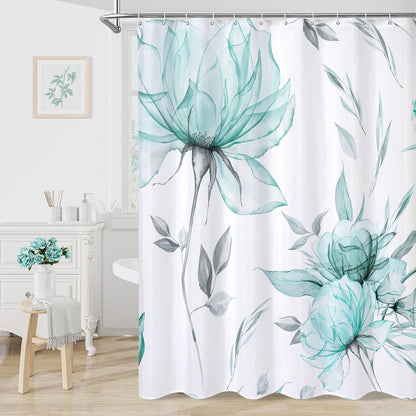Blue Boho Floral Shower Curtain, Watercolor Botanical Design, 72 x 72