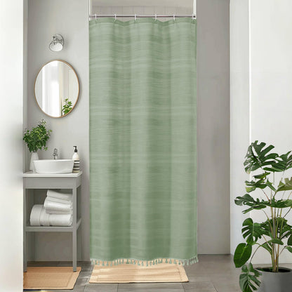 OVZME Sage Green Shower Curtain for Bathroom, Boho Linen Textured Shower Curtain with Tassel, Rustic Striped Heavy Duty Vintage Country Bathroom Curtain, 72Wx72L Inches