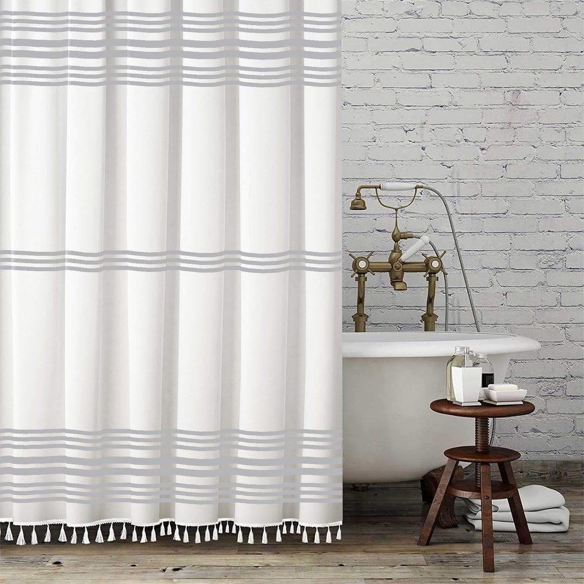 Seasonwood Black and White Shower Curtain with Tassels, 72 x 72