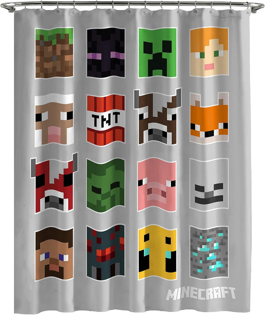 Jay Franco Shower Curtains Minecraft Mobs and Blocks Easy Care Fabric Gamer Bath Curtain Features Creeper (Official Minecraft Product)