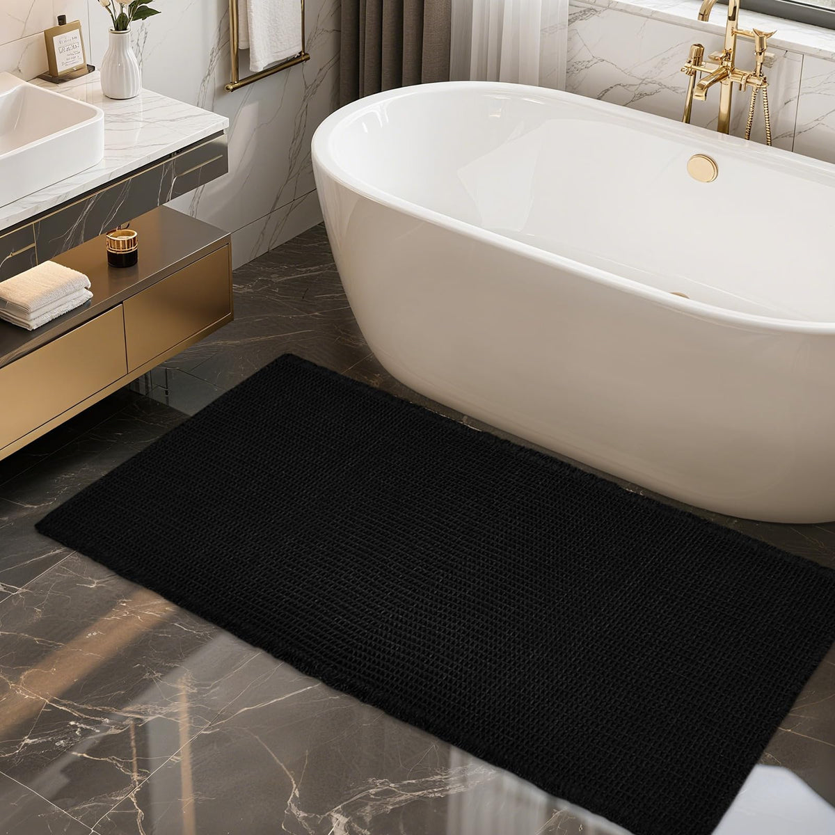 ZALL Tan Waffle Bath Mat,Super Absorbent Non Slip Bathroom Rug,Brown 18x30inch,Machine Washable Ultra Soft Floor Mats