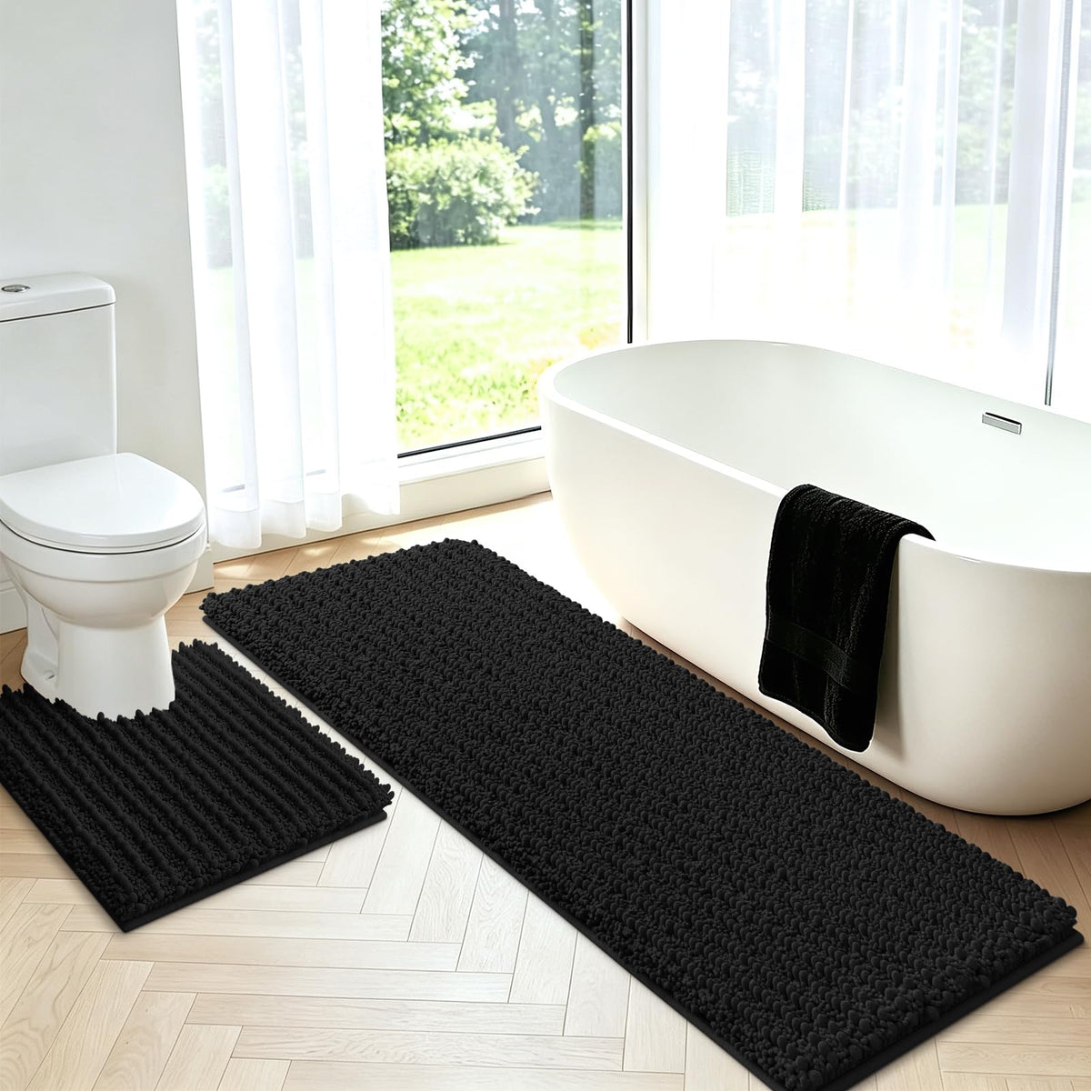 ACCUMTEK Upgrade Extra Large Black Bathroom Rug Set 3 Pieces Ultra Soft, Thick Absorbent Bath Mats, Non Slip Chenille Toilet Mat for Bathroom, Bedroom, Kitchen