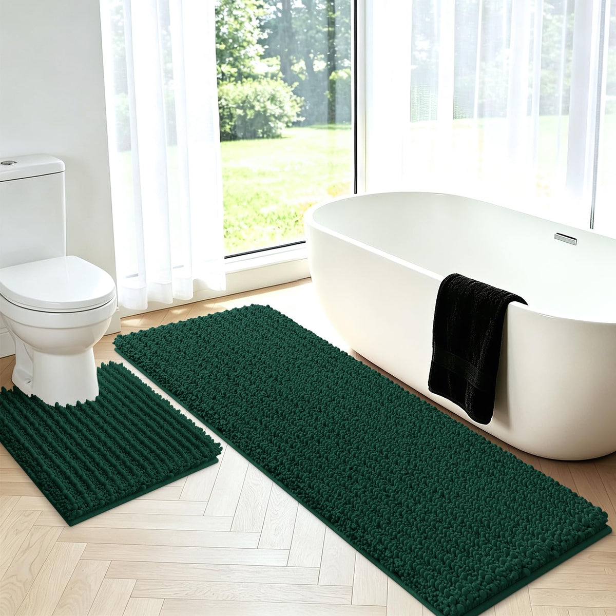 ACCUMTEK Upgrade Extra Large Black Bathroom Rug Set 3 Pieces Ultra Soft, Thick Absorbent Bath Mats, Non Slip Chenille Toilet Mat for Bathroom, Bedroom, Kitchen